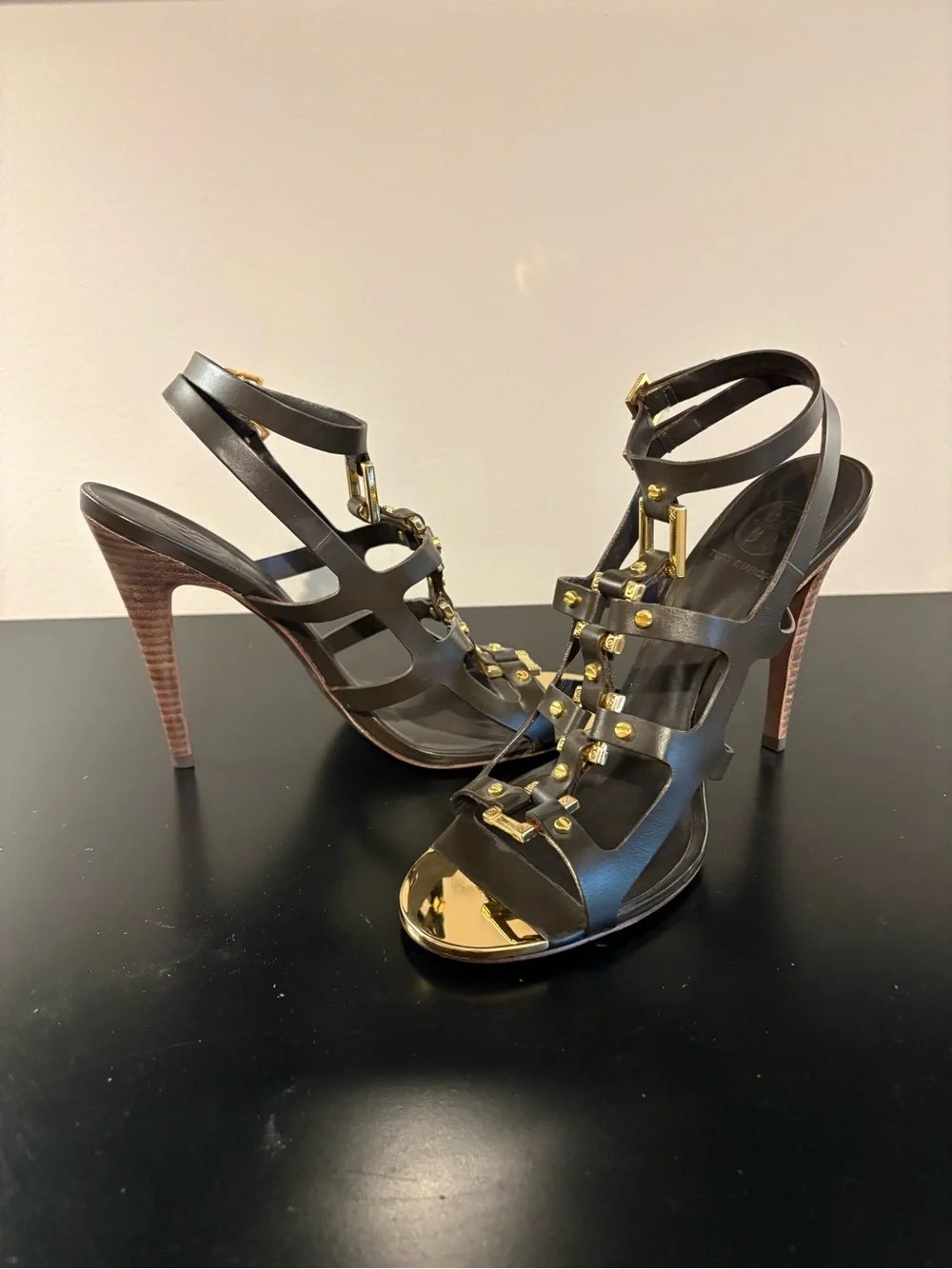Tory Burch Black Leather Strappy Heels with Gold Hardware